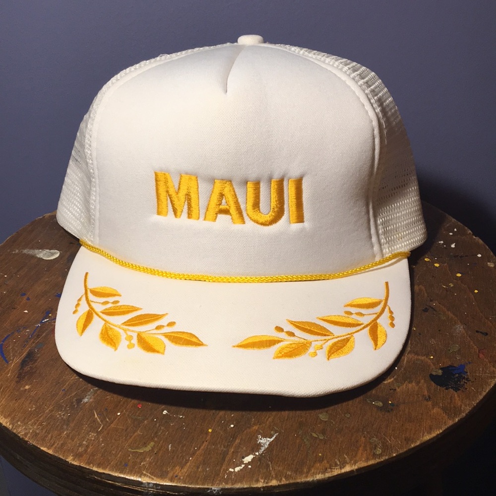 Maui white gold scrambled eggs puffy trucker hat mesh back 5 panel SnapBack cap